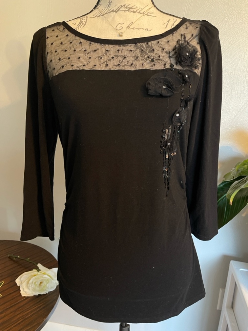 White House Black Market Black Mesh Floral Sequin Top Medium Goth Chic